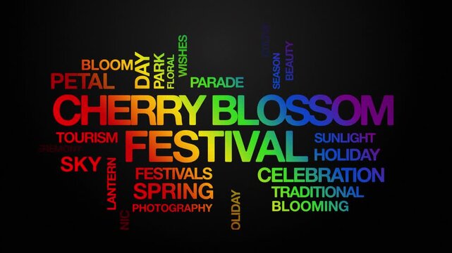 Cherry Blossom Festival concept Animated Tag Word Cloud kinetic typography, Text Design Animation typography seamless loop video motion graphics Intro Wordart hanami rainbow type on black background b