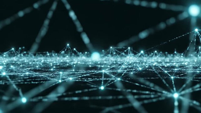 A glowing, interconnected network of luminous nodes and lines against a dark background