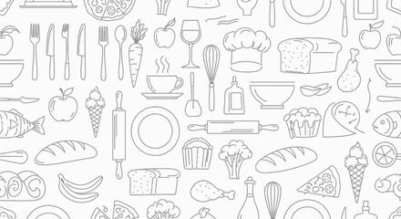 Fototapeta premium Seamless pattern of various outlined food and kitchen items, including vegetables, cookware, and beverages, creating a playful culinary theme.