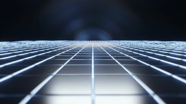 Low-angle view of a grid pattern in a dark tunnel with soft, blue illumination