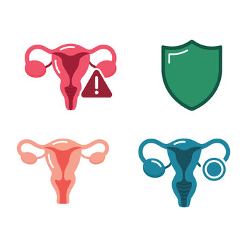 Female reproductive system vector icons with uterus, ovary, warning sign and protective shield, gynecology clinic poster, womens health education design