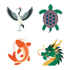 Obraz premium Asian folklore nature set, elegant crane, patterned turtle, leaping koi, curling dragon, cultural education workshop, storytelling session poster vector