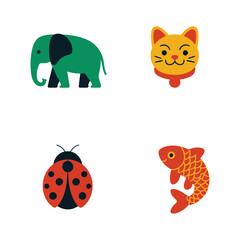 Obraz premium Cute animal icon pack with elephant head, happy cat, ladybug, orange fish, kids party sticker, baby shower, spring celebration