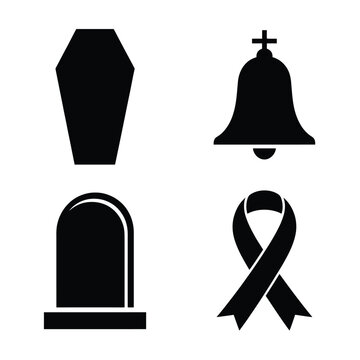Coffin, bell, headstone and black ribbon silhouettes, respectful funeral service branding, moment of silence session, committal rites ceremony guidelines