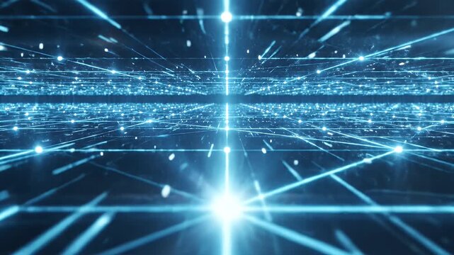 Blue futuristic digital grid with bright lights and interconnected lines radiating outwards