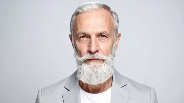 Close-up portrait of a distinguished senior man with a white beard and gray hair