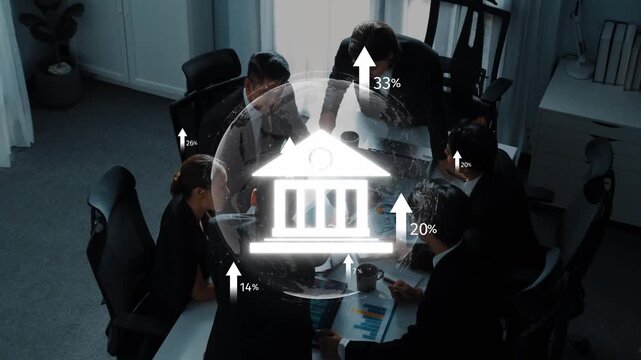 A dynamic business meeting in a modern office where professionals collaborate on growth analytics, using data visualizations to inform financial strategies. Raster