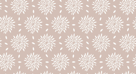 A seamless pattern with white floral bursts and leaf shapes on a soft beige background. The design is symmetrical, conveying a calm, elegant feel. © shamim