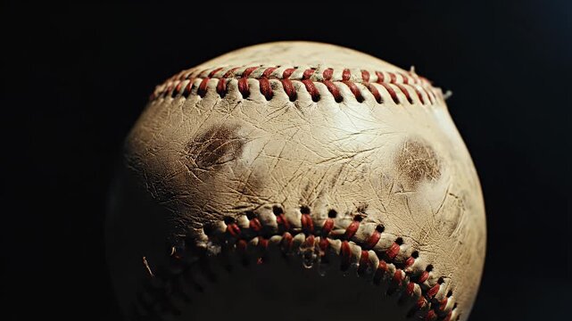 Closeup of a classic worn baseball with red stitching on dark background