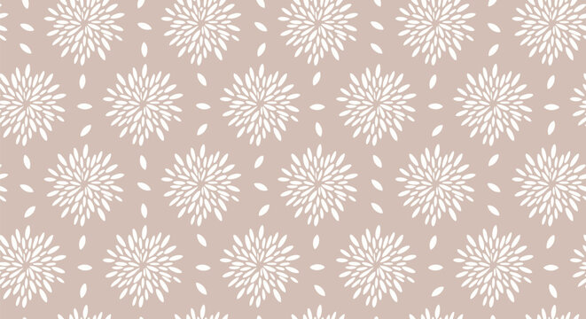 A seamless pattern with white floral bursts and leaf shapes on a soft beige background. The design is symmetrical, conveying a calm, elegant feel.