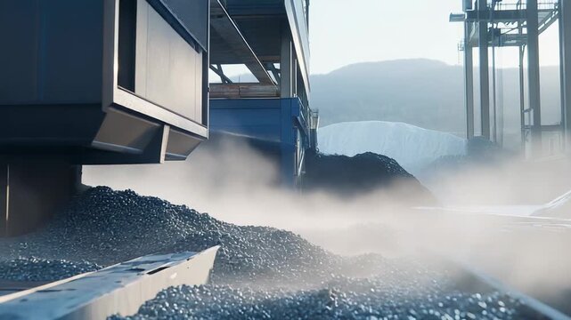 Coal pouring from an industrial conveyor belt creating dust clouds, highlighting themes of fossil fuels, energy production, industrial activity, and environmental impact