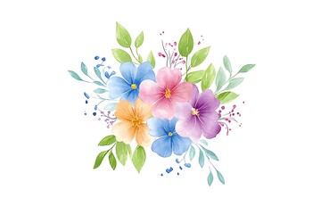 Beautiful Watercolor Floral Arrangement with Colorful Flowers and Green Leaves on White Background