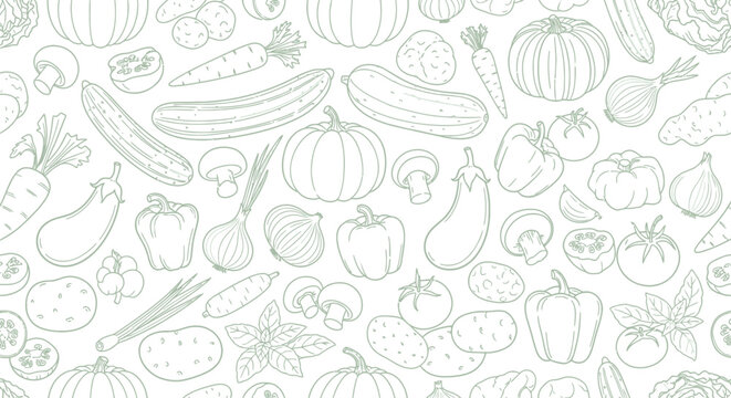 Line drawing of various vegetables including pumpkins, carrots, peppers, mushrooms, and zucchinis. The playful pattern is evenly spaced, evoking a fresh, organic feel.