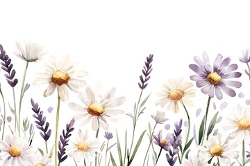 Fototapeta premium Beautiful Floral Arrangement with White Daisies and Lavender on a Bright Background