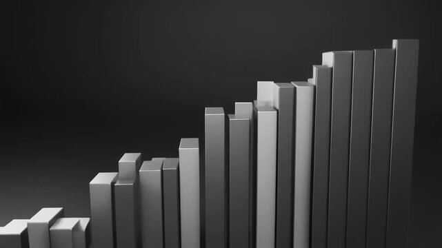 Metallic Bar Graph Illustrating Financial Growth and Market Trends on a Dark Reflective Surface animated