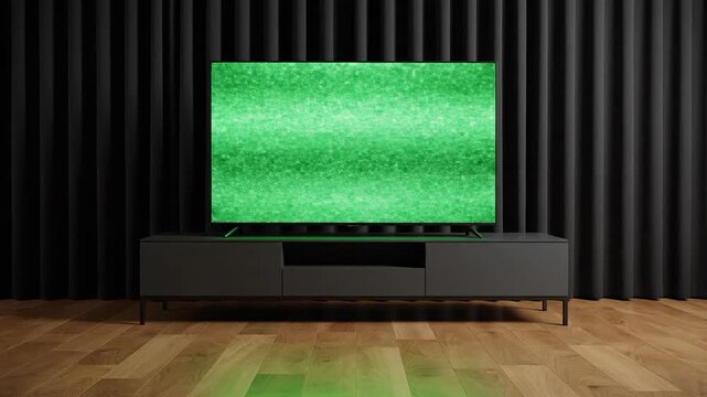 Television with green screen in modern living room minimal setup warm lighting