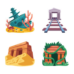 Adventure ruins icons, rail track, shipwreck, canyon rock, expedition festival poster, archaeology talk session, treasure trail map for families