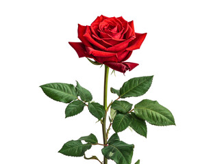 Lush, deep red rose with green leaves and thorny stem against black