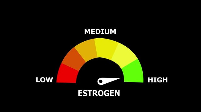 Stylized Semi-Circular Gauge Animation with Estrogen Label, Needle Pointing to Medium-High Level on Black Background, 4K Medical Hormone Measurement Motion Graphic Video.