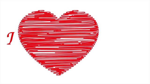 I love you romantic red scribble heart with text animation video on white background, hand drawn valentine love concept animation for wedding greeting and proposal video