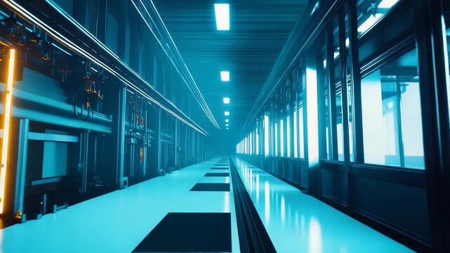 Glowing blue digital lights illuminate a high tech data center, creating a futuristic empty server room environment with advanced network infrastructure and connections