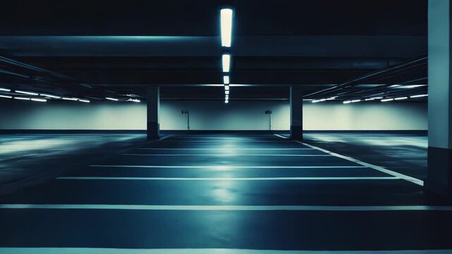Empty multi story underground car park illuminated by fluorescent lights, creating a dark, moody atmosphere with a strong blue tone on the concrete floor and visible parking lines
