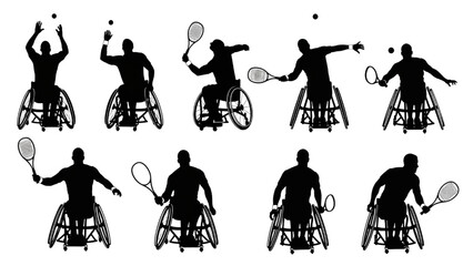 Collection of Dynamic Silhouettes Adaptive Athletes Playing Wheelchair Tennis and Juggling