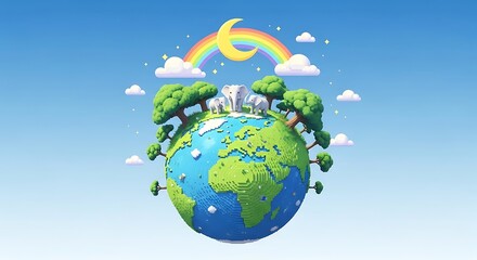 Fototapeta premium Celebrate earth day with a vibrant green and blue planet under a colorful rainbow