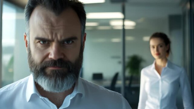 A man with a beard is expressing his dissatisfaction in a boardroom meeting with two other individuals.