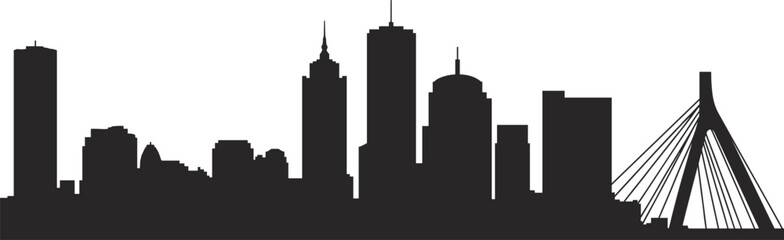 Obraz premium Boston city skyline silhouette with Zakim Bridge and modern skyscrapers isolated on white background, minimalist urban cityscape illustration for travel, tourism, and business design.