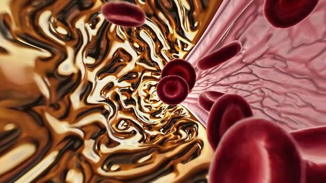 Blood Flow Illustration. Detailed Animation Of Blood Cells In Arterial Pathways. Educational Depiction Of Erythrocyte Dynamics Within Obstructed Arterial Environments For Medical Analysis