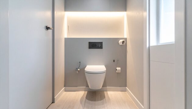 A minimal bathroom with a wall-mounted toilet and natural light.