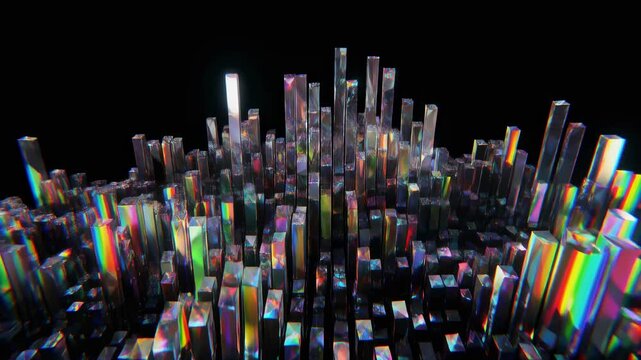 Abstract 3D render of crystalline geometric shapes with rainbow light refractions on a animated black background