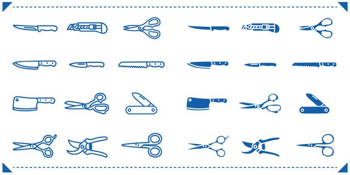 Blue line cutting tools icon set on white background