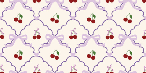 Fototapeta premium Coquette Cherry and Bow Seamless Pattern. Cute Ribbon Vintage Girly Aesthetic Background. Perfect for Textile, Fabric, Wrapping Paper, Wallpaper, Decor
