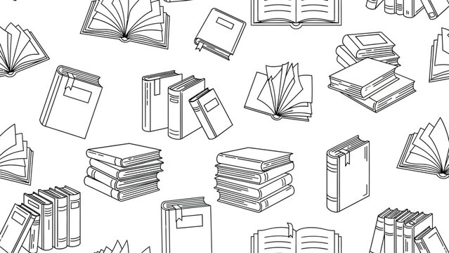 Black and white illustration of various books, including open, closed, and stacked, arranged randomly. Simple line drawings with a whimsical feel.
