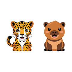 South America wildlife illustration featuring jaguar cub and capybara for zoo day poster, conservation campaign, kids education, nature design