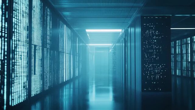 Data center technology infrastructure features rows of illuminated server racks processing information, creating a digital computing and network connection environment for global operations