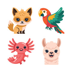 Fototapeta premium Playful fox parrot shrimp and llama characters, colorful animal vector illustration for childrens carnival poster, zoo festival, kids event