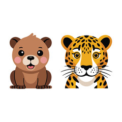 Cute animal face pair illustration featuring bear cub and spotted jaguar for kids sticker pack, zoo day poster, nursery design © BlackVault Designs