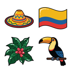 Fototapeta premium Colorful South America party icons with toucan, coffee flower, sombrero and waving flag, Colombia culture travel celebration vector design