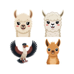 Fototapeta premium Andean animal family with fluffy llama, baby alpaca and condor bird, cute wildlife vector for childrens book illustration and festival