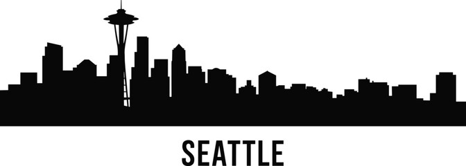 Seattle city skyline silhouette with iconic Space Needle and bold typography isolated on white background, minimalist urban cityscape illustration for travel, tourism, and business branding design. © MSTALIFNUR