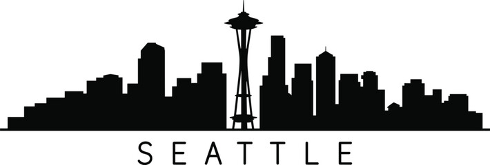 Seattle city skyline silhouette with iconic Space Needle and bold typography isolated on white background, minimalist urban cityscape illustration for travel, tourism, and branding design. © MSTALIFNUR