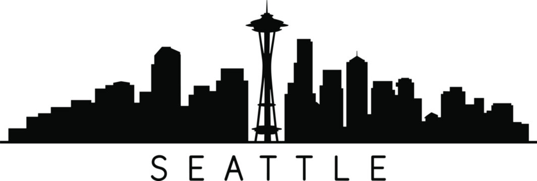 Seattle city skyline silhouette with iconic Space Needle and bold typography isolated on white background, minimalist urban cityscape illustration for travel, tourism, and branding design.