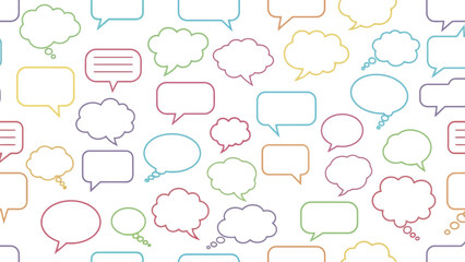 Colorful empty speech and thought bubbles overlap on a white background, conveying a lively, communicative atmosphere.