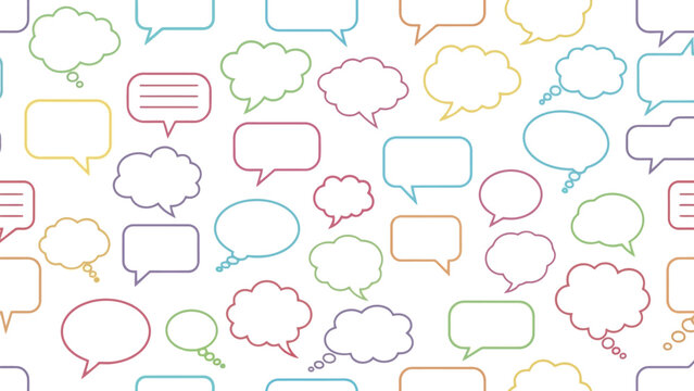 Colorful empty speech and thought bubbles overlap on a white background, conveying a lively, communicative atmosphere.