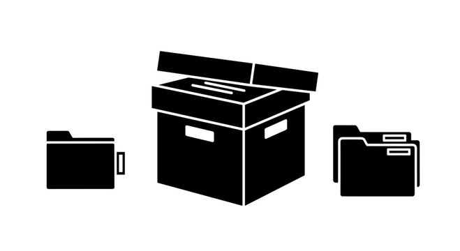 Black file boxes and folders stack.