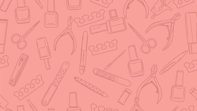 Seamless pattern of nail care tools on a pink background. Includes nail polish bottles, scissors, clippers, and files, creating a beauty salon theme.