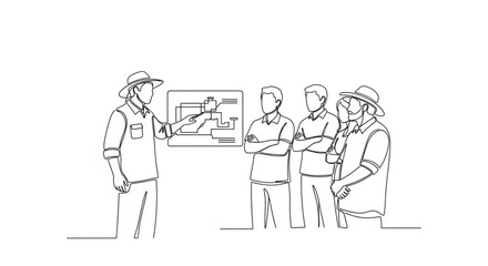 Obraz premium Four workers discussing project details in a meeting room with a presentation screen visible